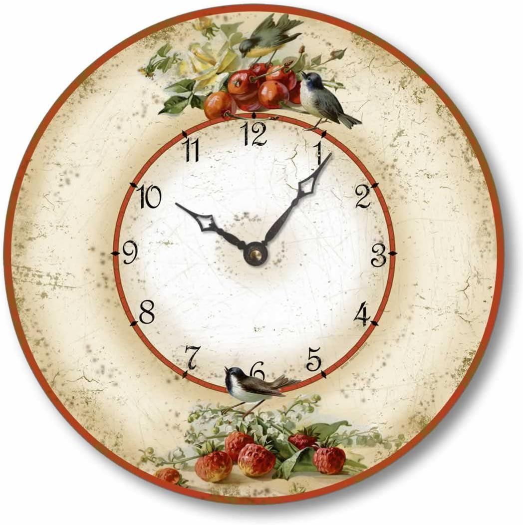 Item C2042 Vintage Style 10.5 Inch Birds Cherries & Strawberries Wall Clock