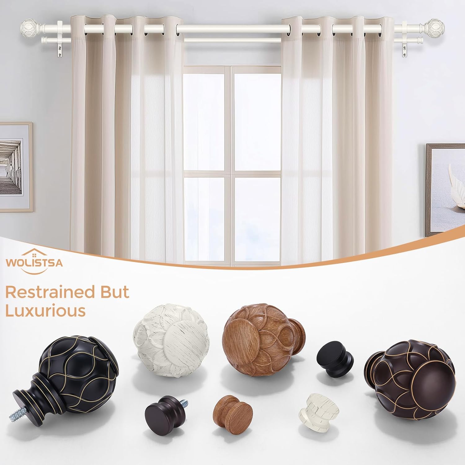 White Double Curtain Rod, 72 to 144 Inch Extra Long Dual Curtain Rods with Boho Netted Texture Finial, Decorative 1 Inch Adjustable Window Treatment Rods, Antique Vintage Farmhouse Double Drapery Pole