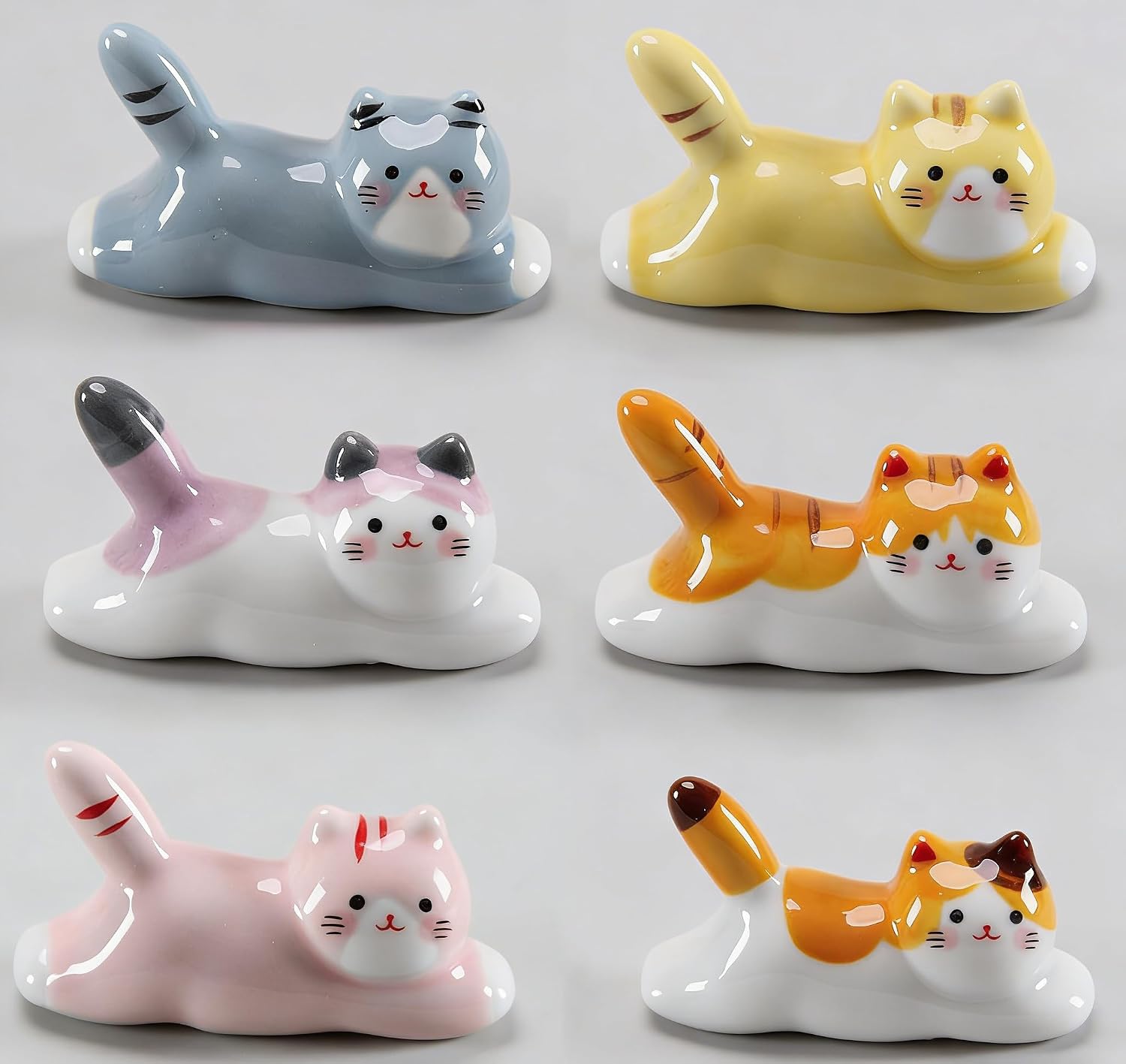 Cute Running Cat Chopstick Rests Set of 6, Small Ceramic Chopstick Holders, Cartoon Kitty Table Spoon Fork Rack, Ideal Cat Cafe Souvenir & Daily Tabletop Decor Gift for Cat Lovers