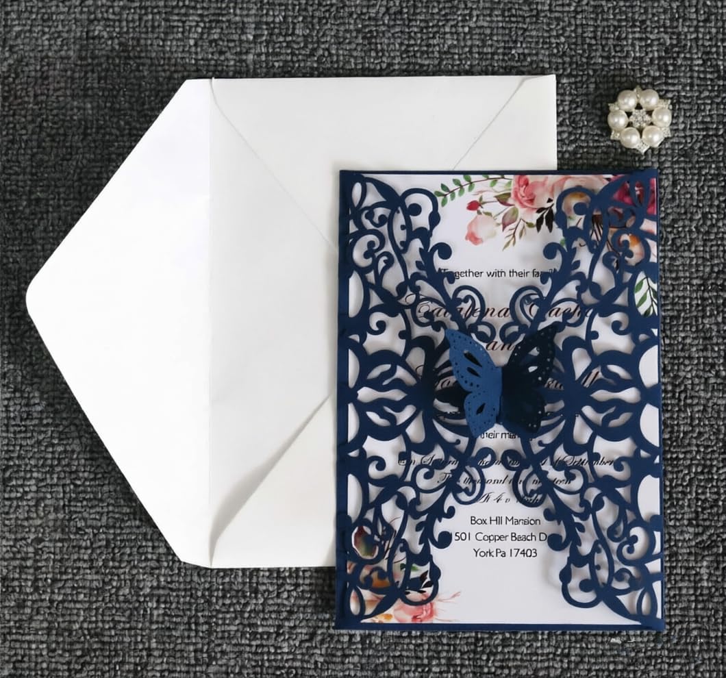 50sets Wedding Invitations Cards Laser Cut Butterfly Flower Multi Color Decor Gift Greeting Card RSVP Party Favor Decoration (Navy, Only Invitation Cards)