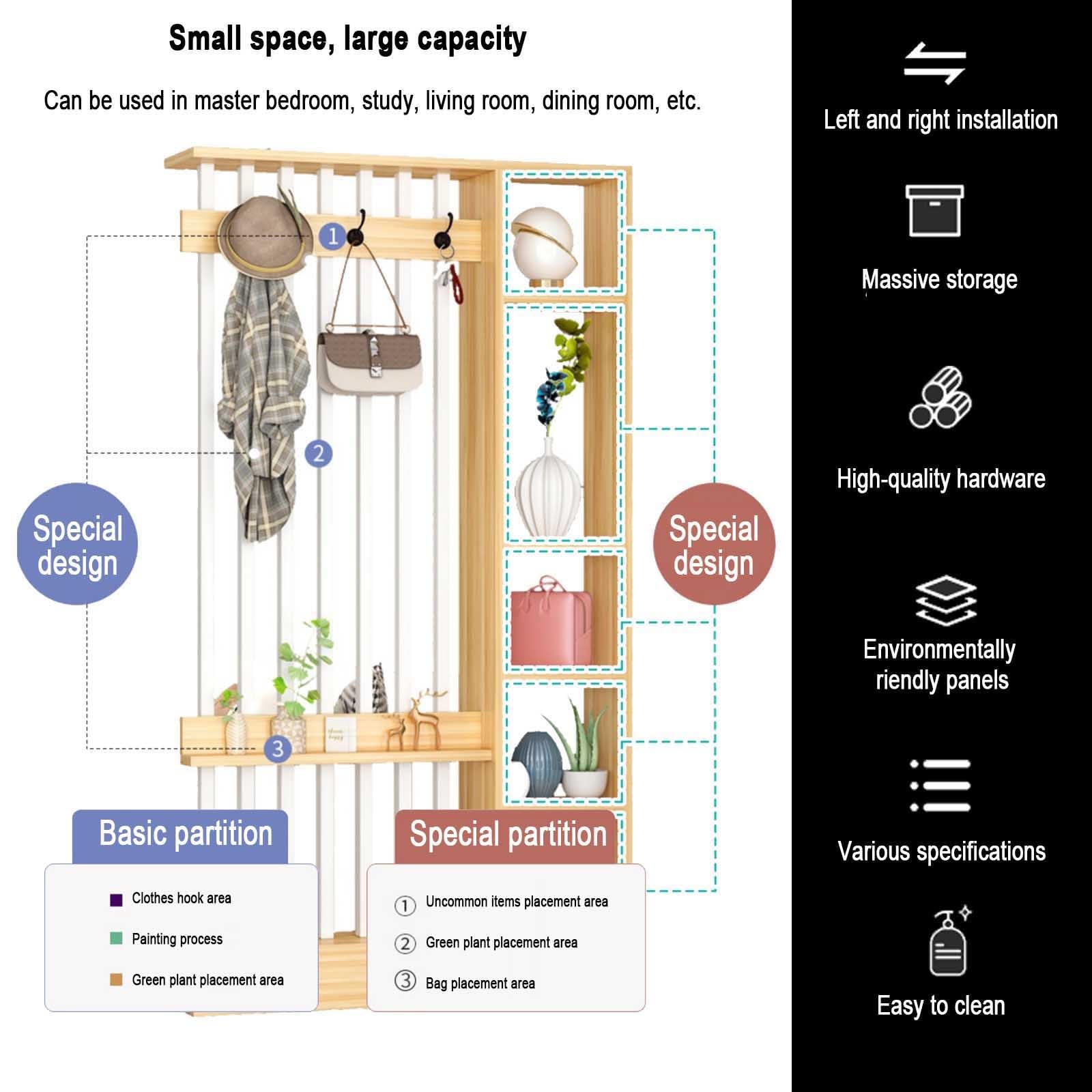 Separador de habitación de madera de suelo a techo con perchero, panel de privacidad de madera maciza, 80 cm, mejora el espacio y la nizat
