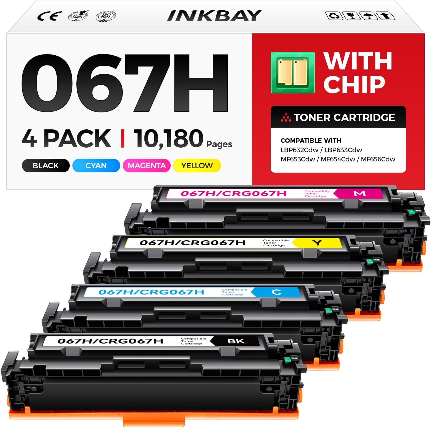 067H Toner Cartridge Set with Chip High Capacity Compatible for Canon 067 067H Toner for Color ImageClass MF656Cdw LBP632Cdw MF654Cdw MF653Cdw LBP633Cdw MF650C LBP630C Printer 4 Pack Black and Color