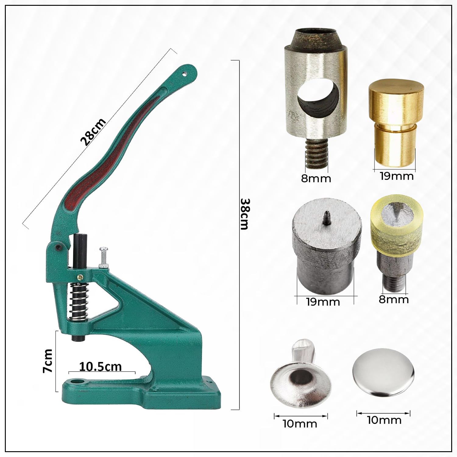 WedDecor Remaches de cuero de 10 mm, remaches tubulares de metal con prensa manual de máquina verde, juego de troqueles de corte de agujeros y troqueles de fijación de remaches, para manualidades de
