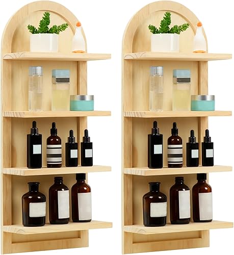 2 estantes de pared de madera arqueada de 4 niveles, estantes de pared bohemios curvos para pared, estantería de madera para pared, sala de estar,