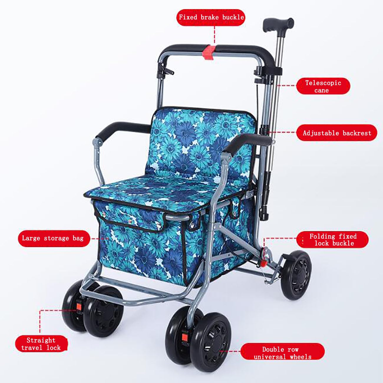 Rolling Walker z siedziskiem, składany wózek na zakupy dla seniorów, obrotowe koła 360° i hamulce, nośność 99 kg