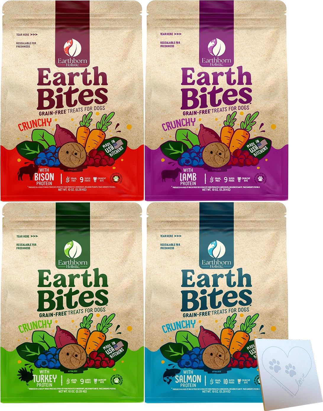 Earthborn-Holistic Earthbites Grain Free Crunchy Dog Treats Variety Pack - Loaded with Superfood like Carrots, Spinach, & Sweet Potato – 4 Delicious Flavors: Bison, Lamb, Salmon, & Turkey (10oz Each)