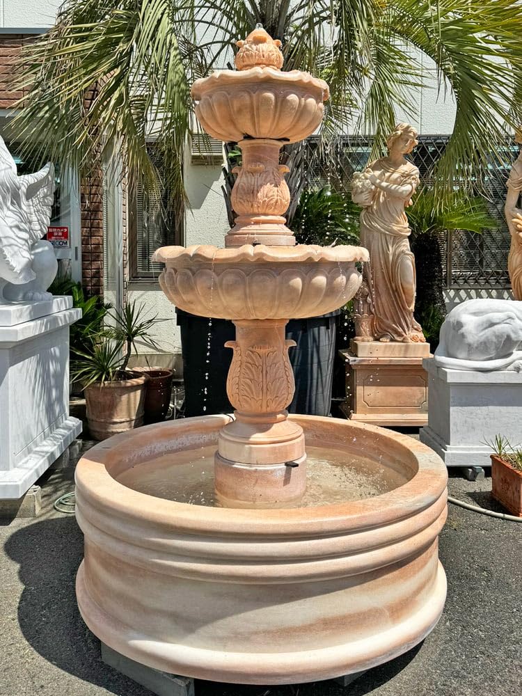 天然大理石彫刻 大三段噴水 ピンク ファウンテン 全高約2m20cm