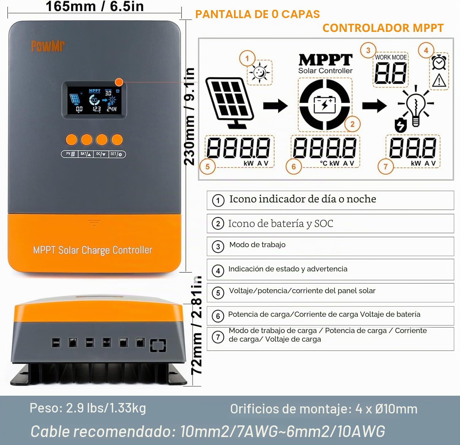 PowMr Controlador de carga solar MPPT de 60 amperios, apto para batería de litio de plomo ácido de 12 V/24 V/36 V/48 V automática, carga solar de entrada máxima de 160 V y 2800 W. Versión paralela