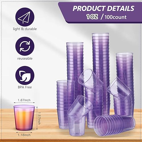 Miniatura 9 de Tioncy 100 vasos de chupito de plástico neón de 1 oz, vasos desechables de colores, mini vasos de fiesta para cóctel, whisky, vino, cumpleaños,