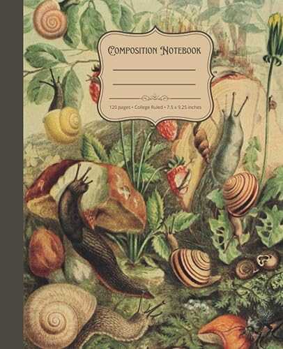 Composition Notebook Vintage Snail and Mushroom Illustration Journal with 120 College Ruled, Cream Colored Pages