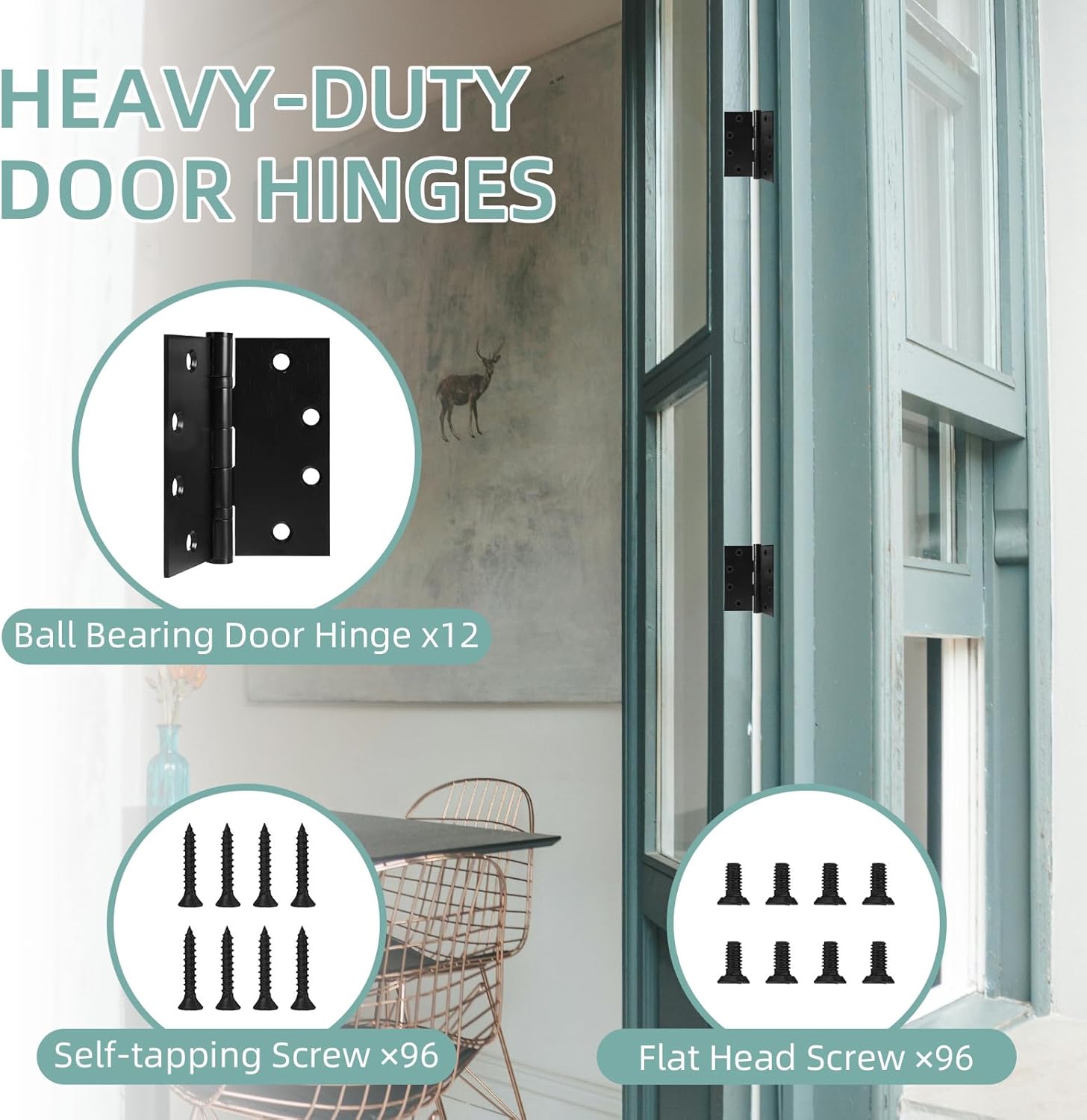 12 Pack 4.5 x 4.5 Inches Door Hinges, Heavy Duty Stainless Steel Hinges Ball Bearing Door Hinges with Square Corners, Black