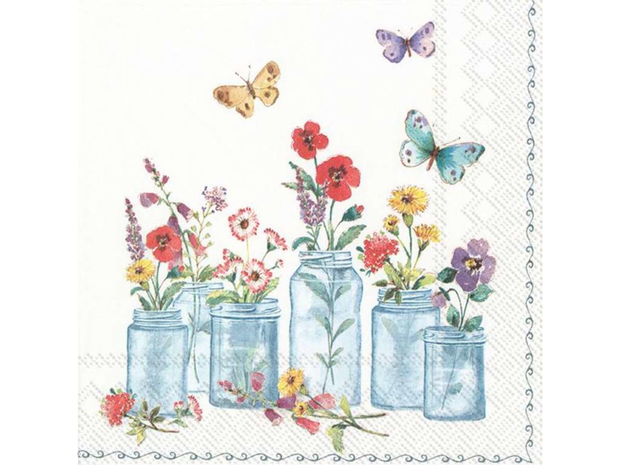 Set of 2 Individual Decoupage Paper Party Napkin Jars Flowers Watercolor Decor Luncheon Napkins for a Birthday Holiday, Wedding, Cocktail Party