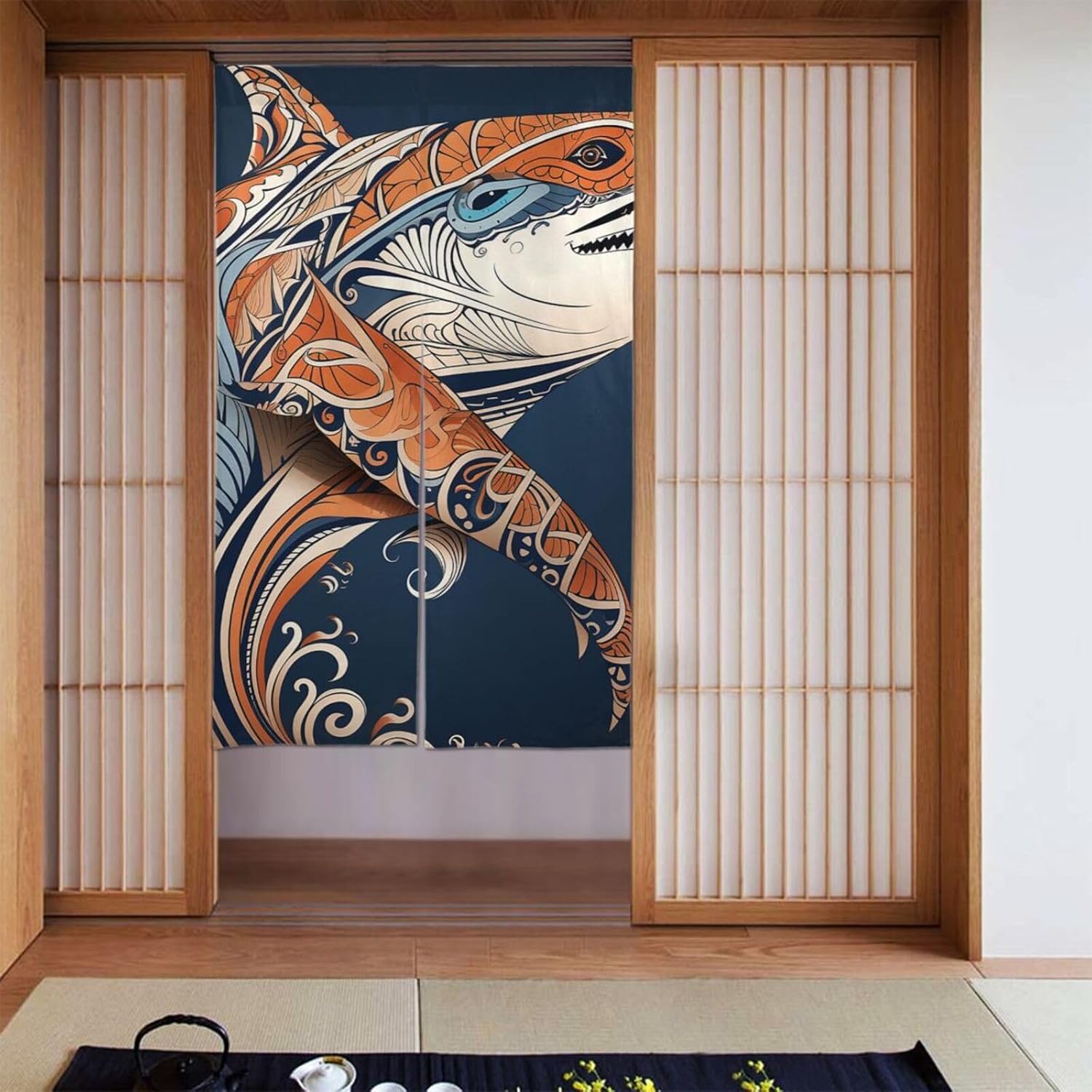 Door Curtains for Doorway Privacy Blackout Curtain Shark with tribal pattern Tapestry Fengshui Curtain for Bedroom Door Window Curtains Door Sidelight Curtain for Home Kitchen Decoration 34x56in