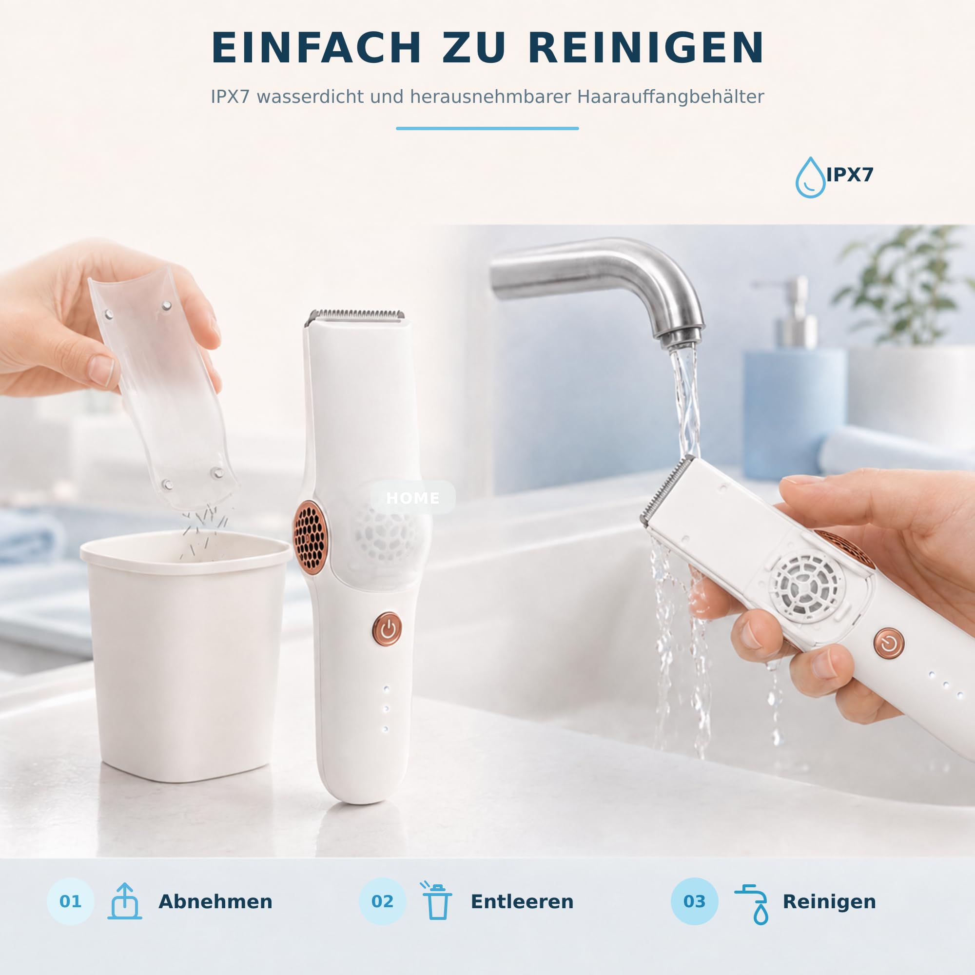 HOME Baby Haarschneider mit Absaugfunktion, Leise Kinder Haarschneidemaschine IPX7 Wasserdicht, 3 Geschwindigkeiten, Keramikklinge mit Abgerundeten Kanten, USB-C, 3 Führungskämme