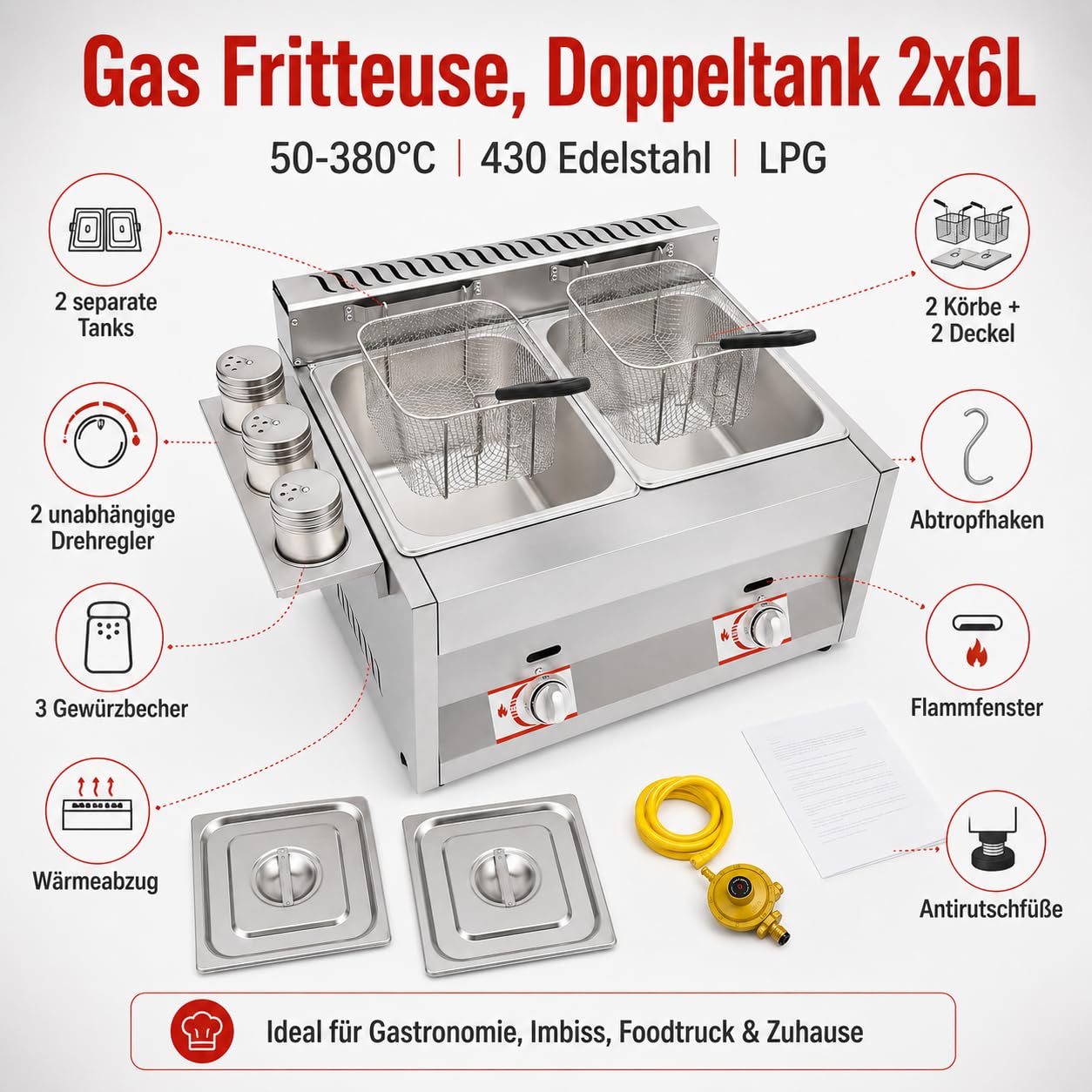 Gas Fritteuse, Doppeltank 2x6L, 50-380°C, Edelstahl, Gastronomie | 430 Edelstahl,genietet,LPG,Deckel,Körbe,Abtropfhaken,Gewürzbecher,Antirutschfüße,Wärmeabzug,Flammfenster,energiesparend