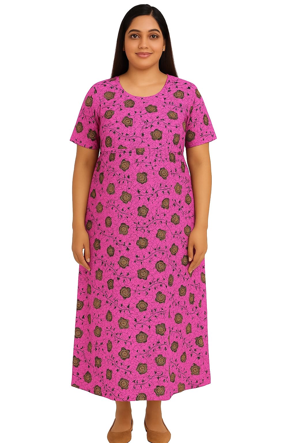Women's Floral Print Maxi Dress, Pink with Black Rose Pattern, Short Sleeve, Ankle Length, Cotton Maternity Feeding Wear-image-16