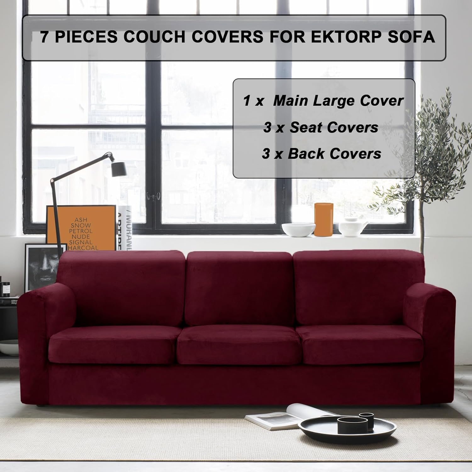 unbbrrl 7 pieces couch covers for sofa, replacement ektorp sofa cover 3 seat with 1 main cover/3 seat cushion covers/3 backrest covers, stretch velvet settee cover 3 seater (burgundy,3 seater) burgundy 7 pieces 3 seater