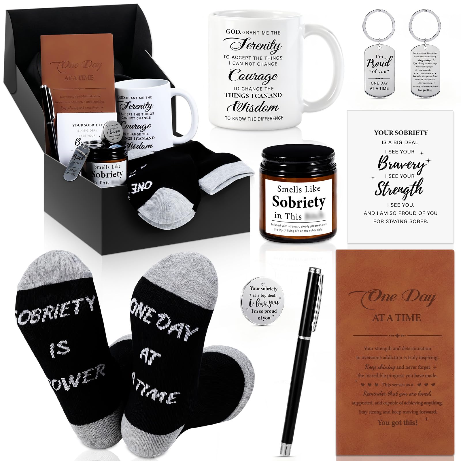 8 Pcs Sobriety Gifts for Men Women Sober Anniversary Present Set Alcoholics Anonymous Gifts Include Mug Socks Candle Journal Pen Sober Card Coin & Keychain Meaningful Sobriety Black Gift Box