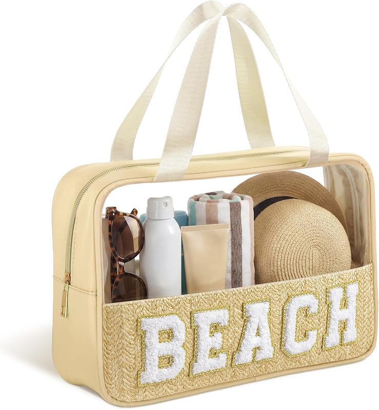 Necessaire transparente Kajaia com alça, zíper e aplique BEACH, bege boho