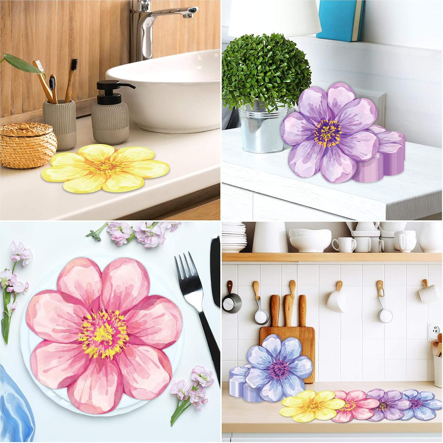 Flowers Shaped Napkins Spring Floral Disposable Napkins Spring Floral Shaped Paper Tableware Watercolor Flower Theme Decorations for Wedding Bridal Baby Shower Tea Birthday Party Supplies (100 PCS)