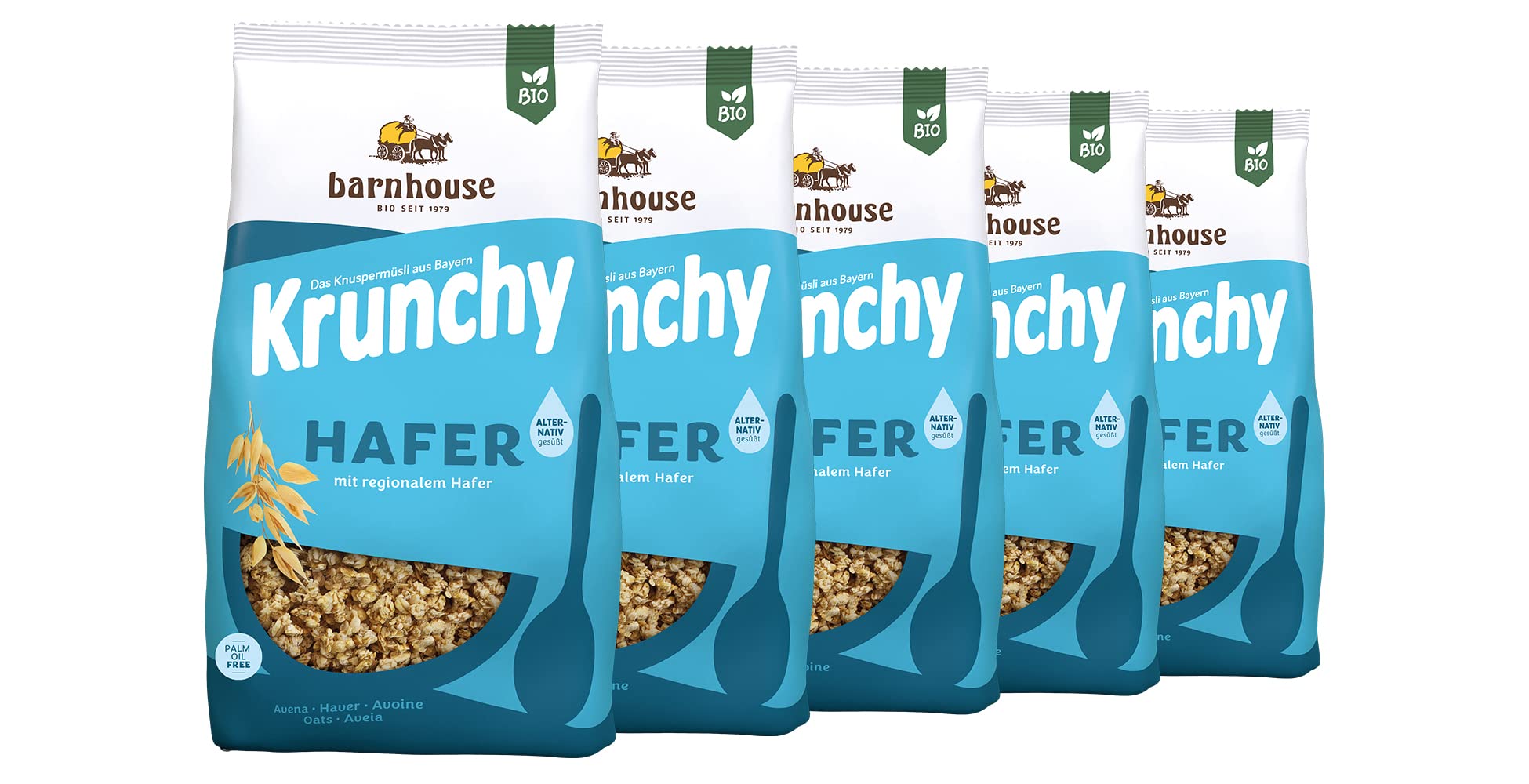 Barnhouse Krunchy Hafer alternativ gesüßt, Bio Hafer-Knuspermüsli aus Bayern, nur mit Reissirup gesüßt, 5 x 1250 g