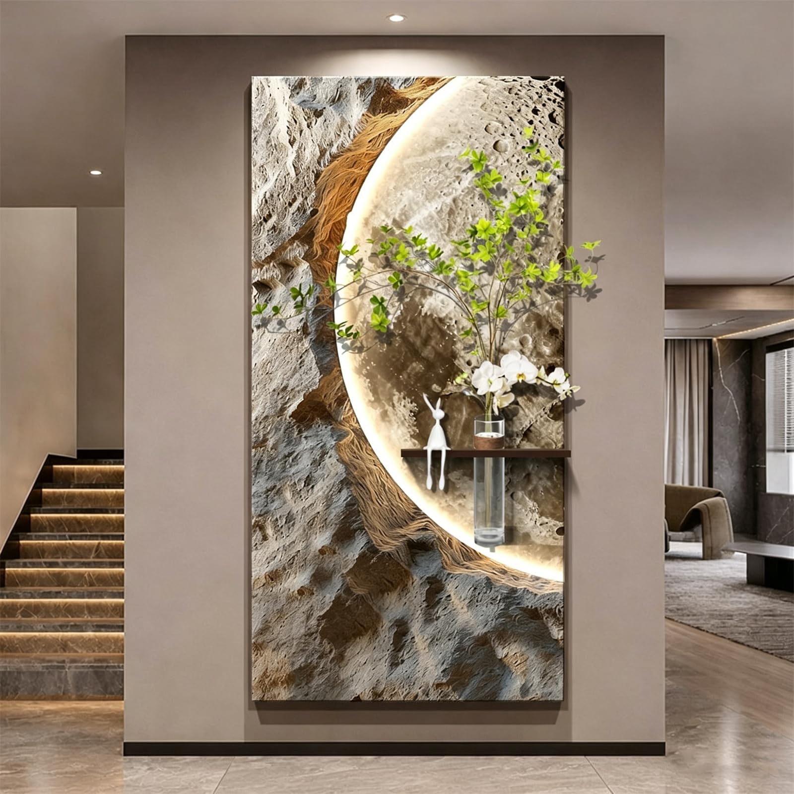 Large Vertical 3D LED Moon Wall Art Decor for Living Room, Modern Sandstone Textured Backlight Wall Home Decor for Hallway, Entryway, Dining Room,Built-in Glass Vase Style-A 19.7×39.4 in（50×100 cm ）
