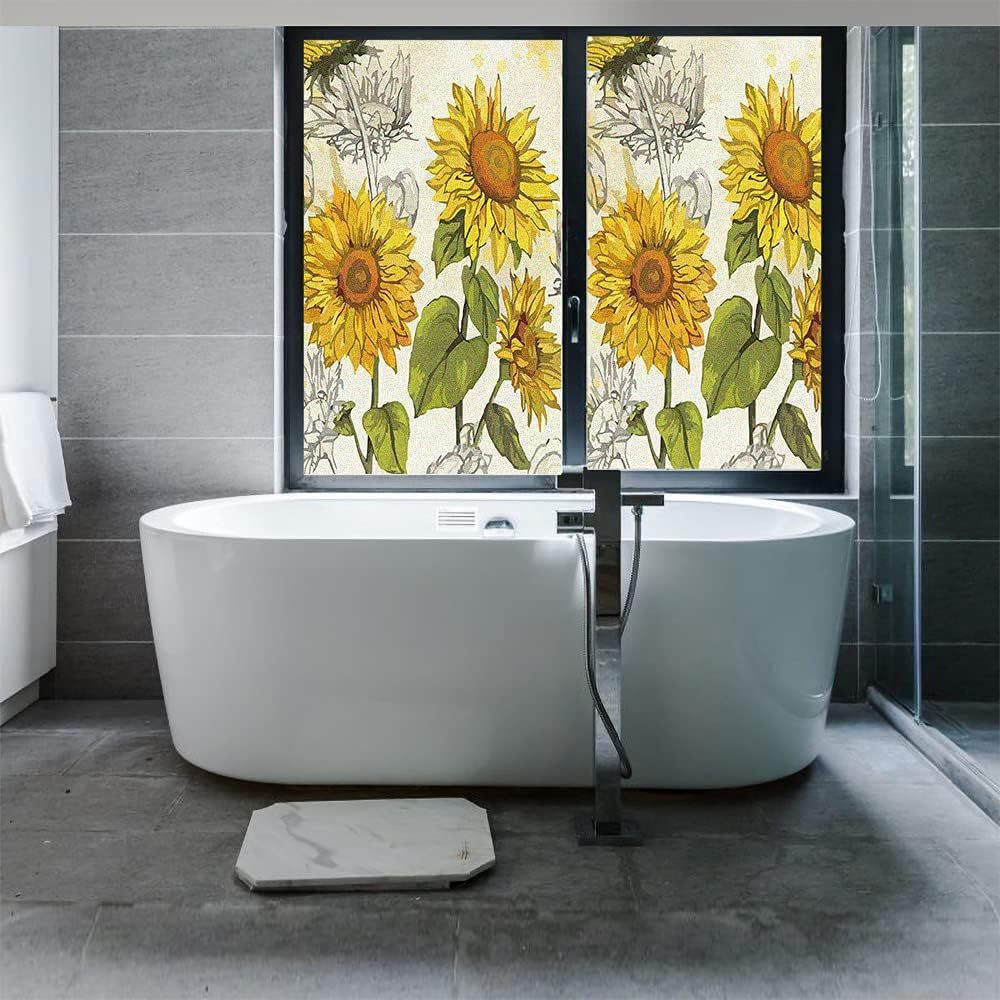 Window Film Privacy Sunflower Static Cling Window Coverings Sun Blocking Decorative Glass Sticker for Home Bathroom/Heat Control W34.6 x H49.2(88x125cm)