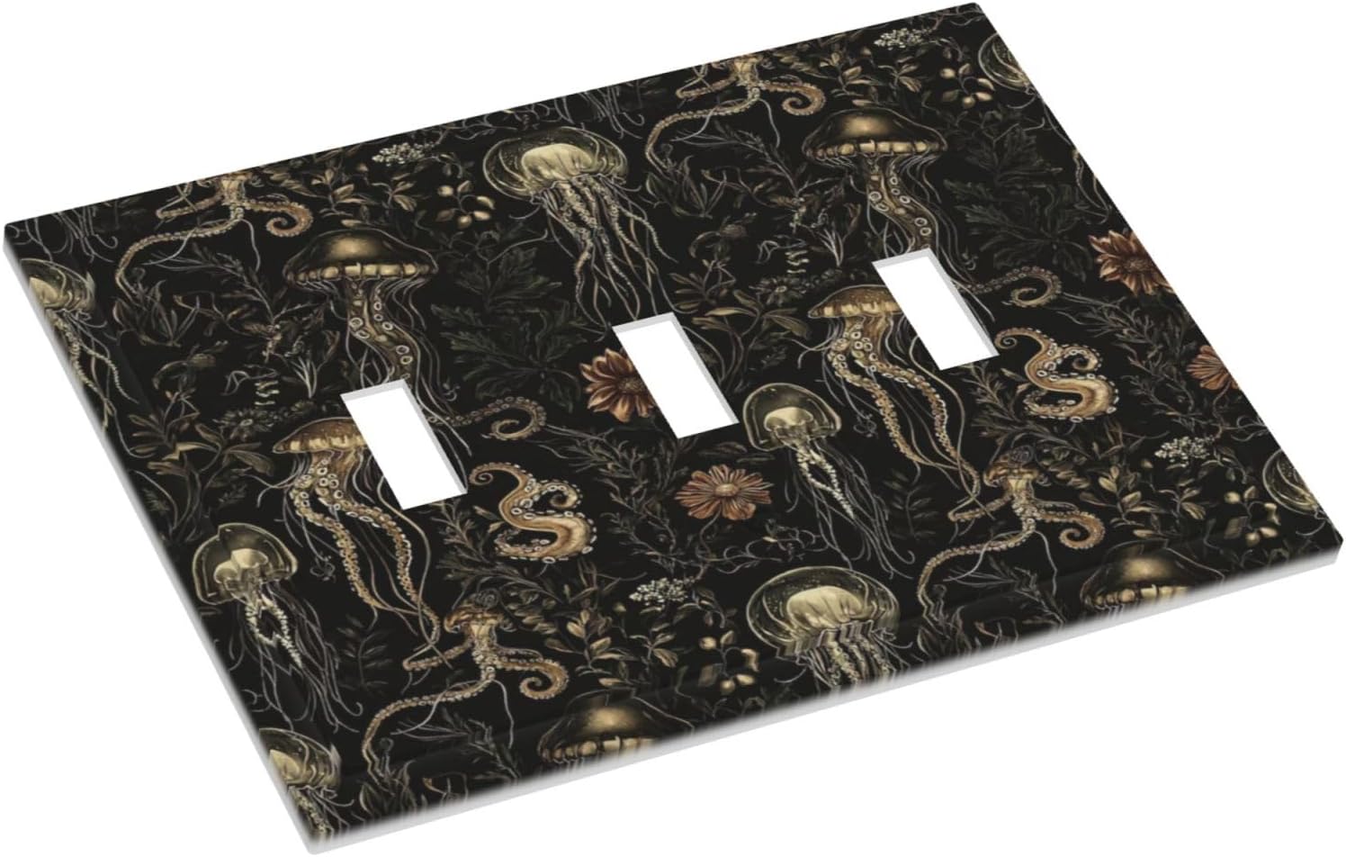Decorative Switch Plate Covers Black Gold Jellyfish Squid Deep Sea Creatures 3 Gang Light Switch Cover Plate Triple Toggle Wall Plate Light Switch Covers for Bedroom Home Decor image 3
