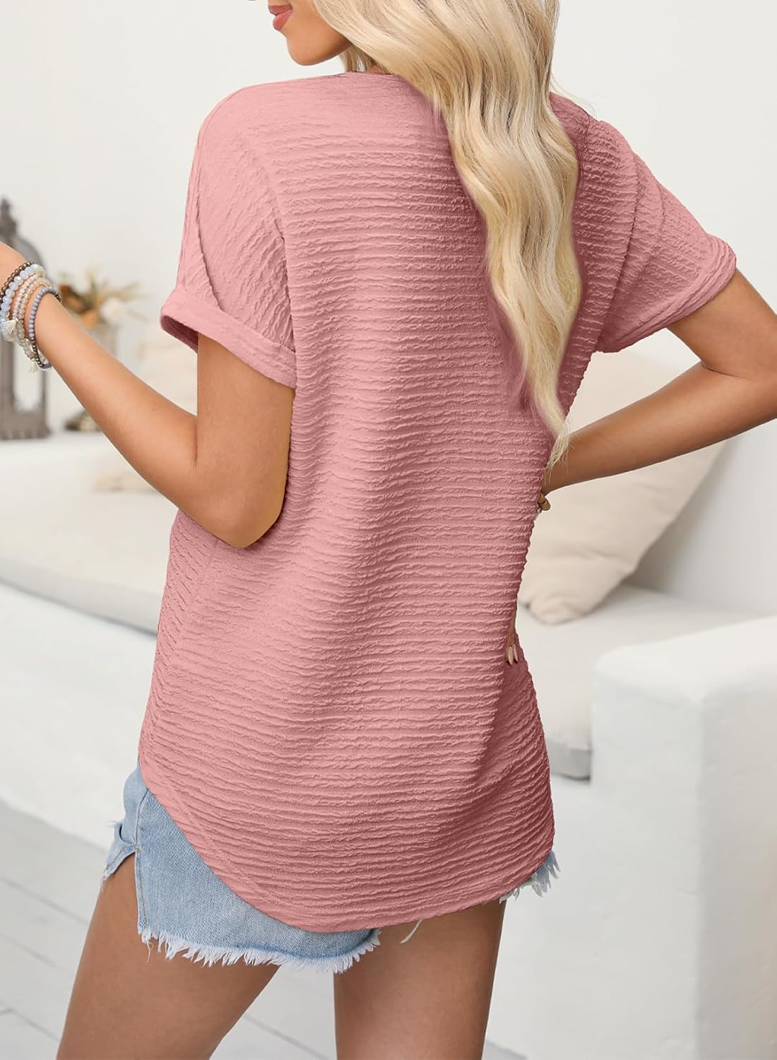 EVALESS Womens Cap Short Sleeve Textured Tops Summer Dressy Casual V Neck Solid Loose Basic T Shirts Tee Blouses - Image 4
