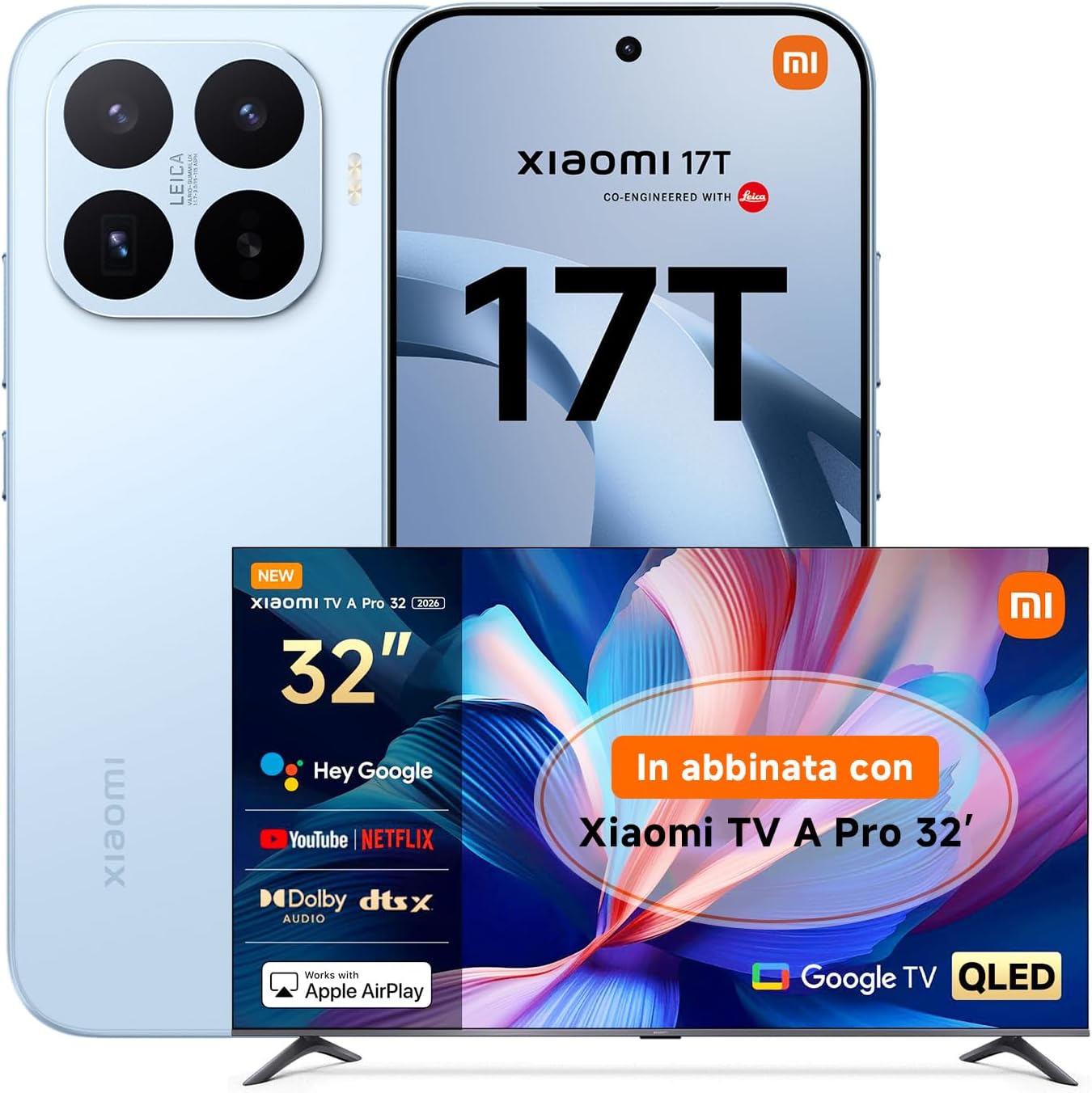 XIAOMI 17T, Smartphone 12+256GB, Display Eye-Care da 6,59" 120Hz, Batteria da 6500mAh (typ), Teleobiettivo Leica 5x, 67W HyperCharge, MediaTek Dimensity 9500, Blue, Garanzia 3 anni TV A PRO 32