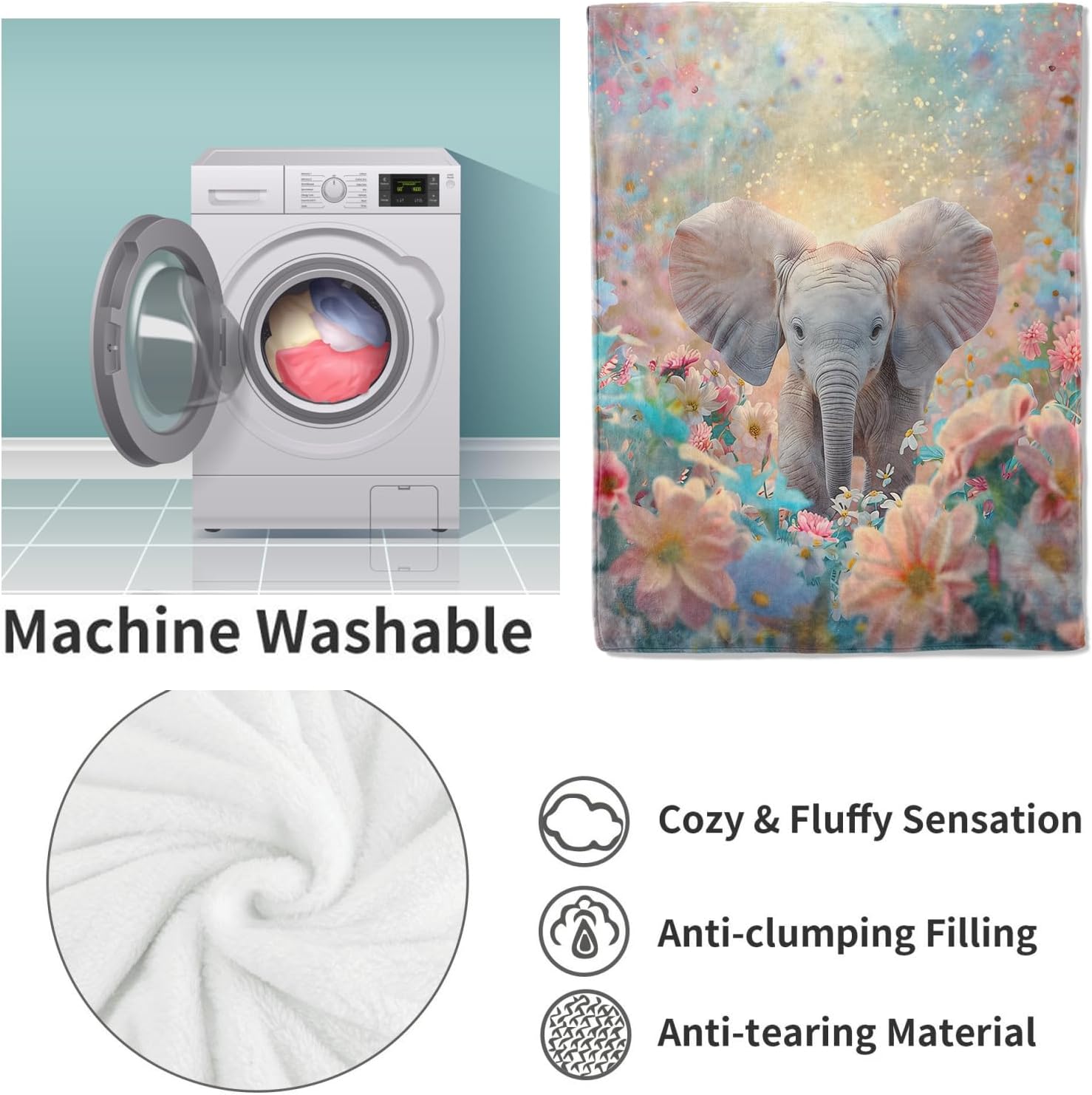 Baby Elephant in Floral Meadow Blanket Gifts for Women, Animal Theme Flannel Blanket, Soft Warm Lightweight Throw Blankets for Bedding Sofa Couch Home Travel Decor 50" x 60" - Image 4