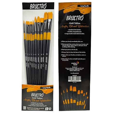 Brustro Artists Gold Taklon Brushes Set of 10| Ideal for Acrylics, Oil Paintings, Watercolour | Long Handle, Bright, Filbert, Flat, Round, Professional Art, School, Office Use.
