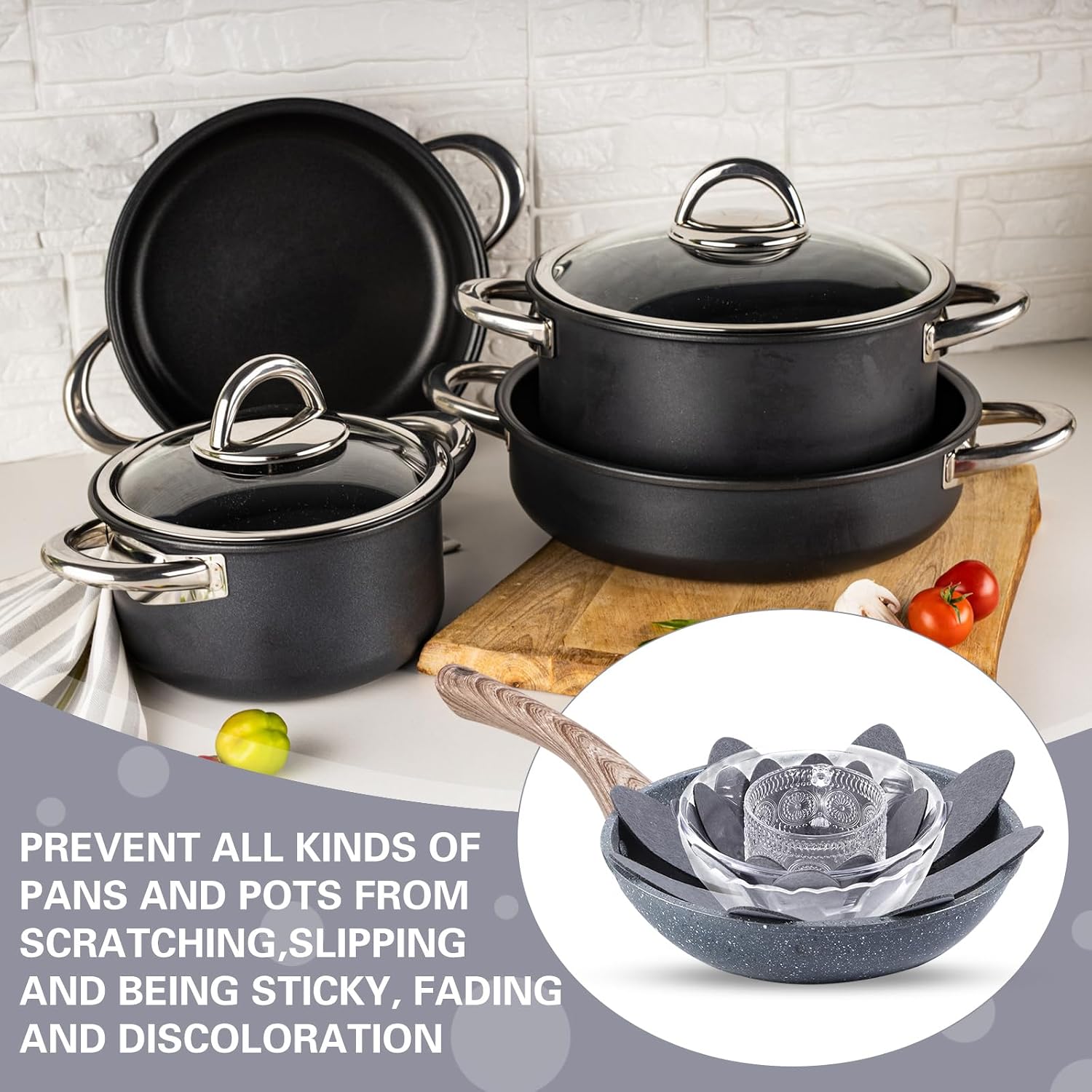 Queekay 36 Pcs Felt Dividers for Pots Pans, Pan Protectors,Gray | Thicker Separators Shield Cookware When Stacking, Different Sizes for Kitchen Organizing, Durable Dish Pads