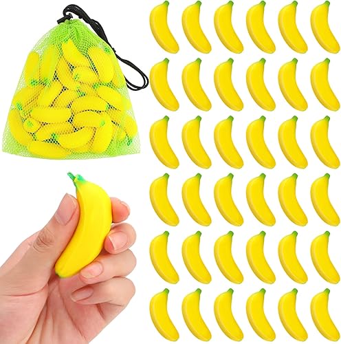 Jerify 37 piezas de mini plátano juguetes para aliviar el estrés con bolsa de malla con cordón de poliuretano, juguete elástico para recuerdos de