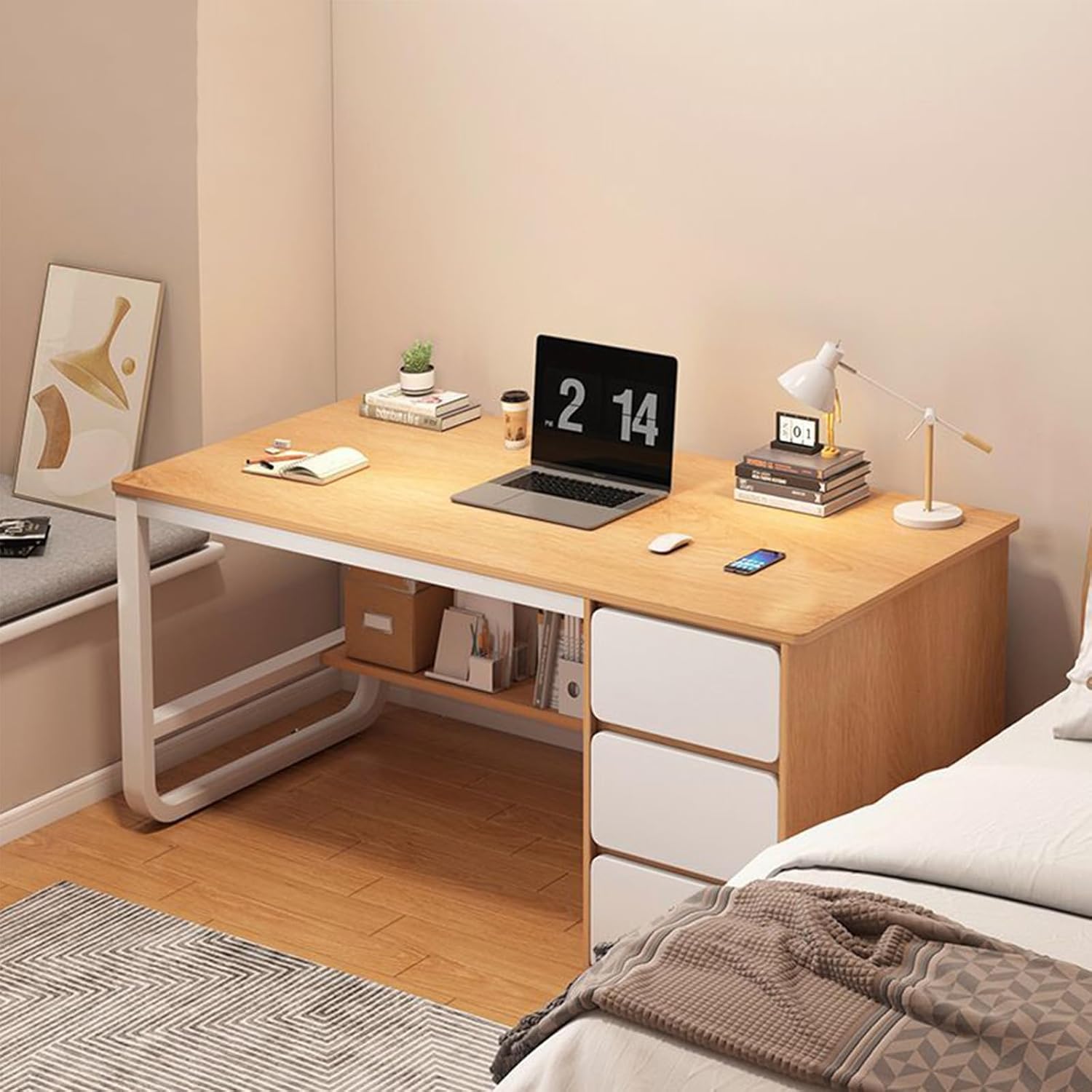 パソコンデスク 引き出し付き 3段シェルフ付 ダークブラウンパソコン