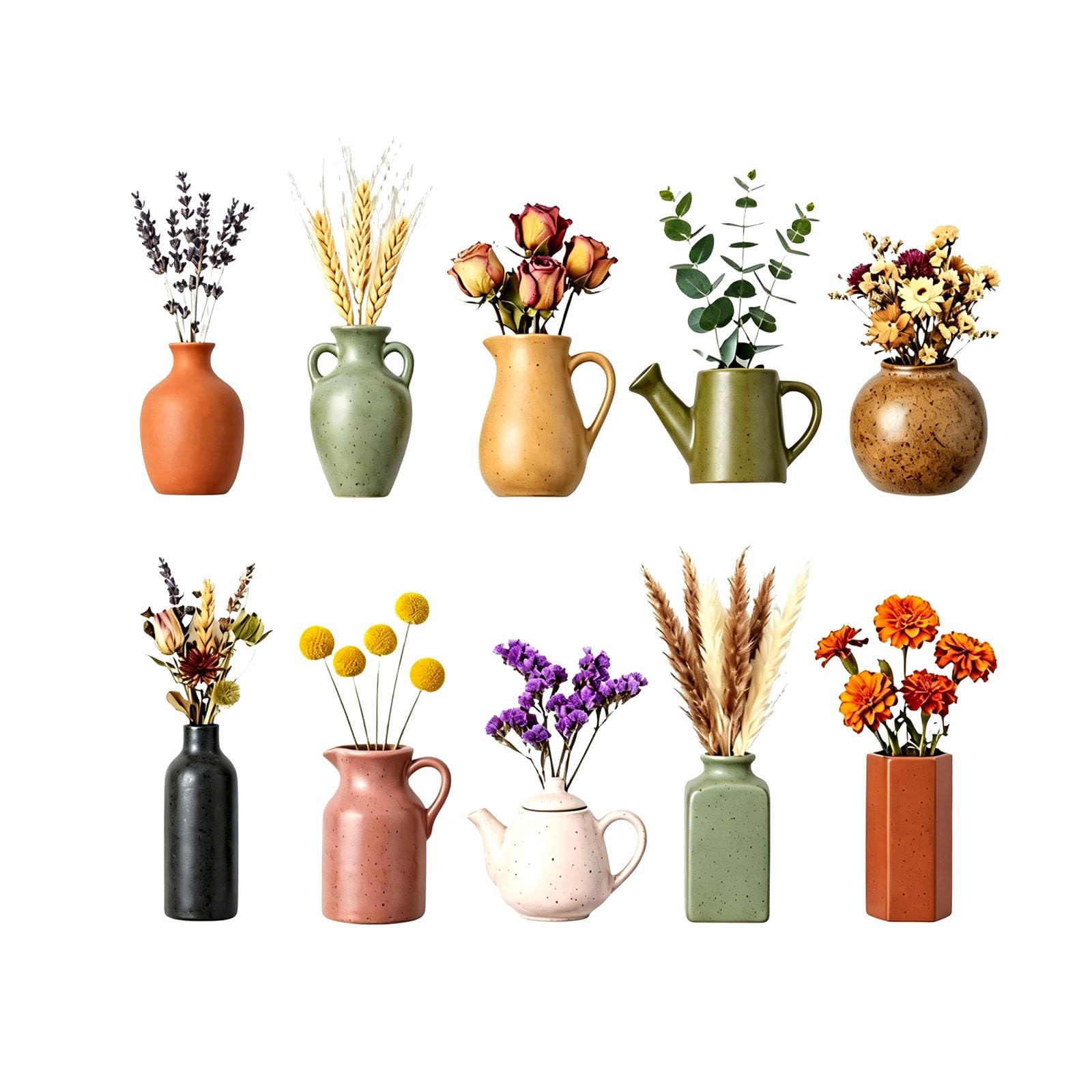 ZEPFJHE Tiny Vase Magnets with Faux Flowers 10 Piece Ceramic Refrigerator Decor Set, Strong Hold Accents for Kitchen Cabinets and Metal Cabinets Metal Cabinet Magnets