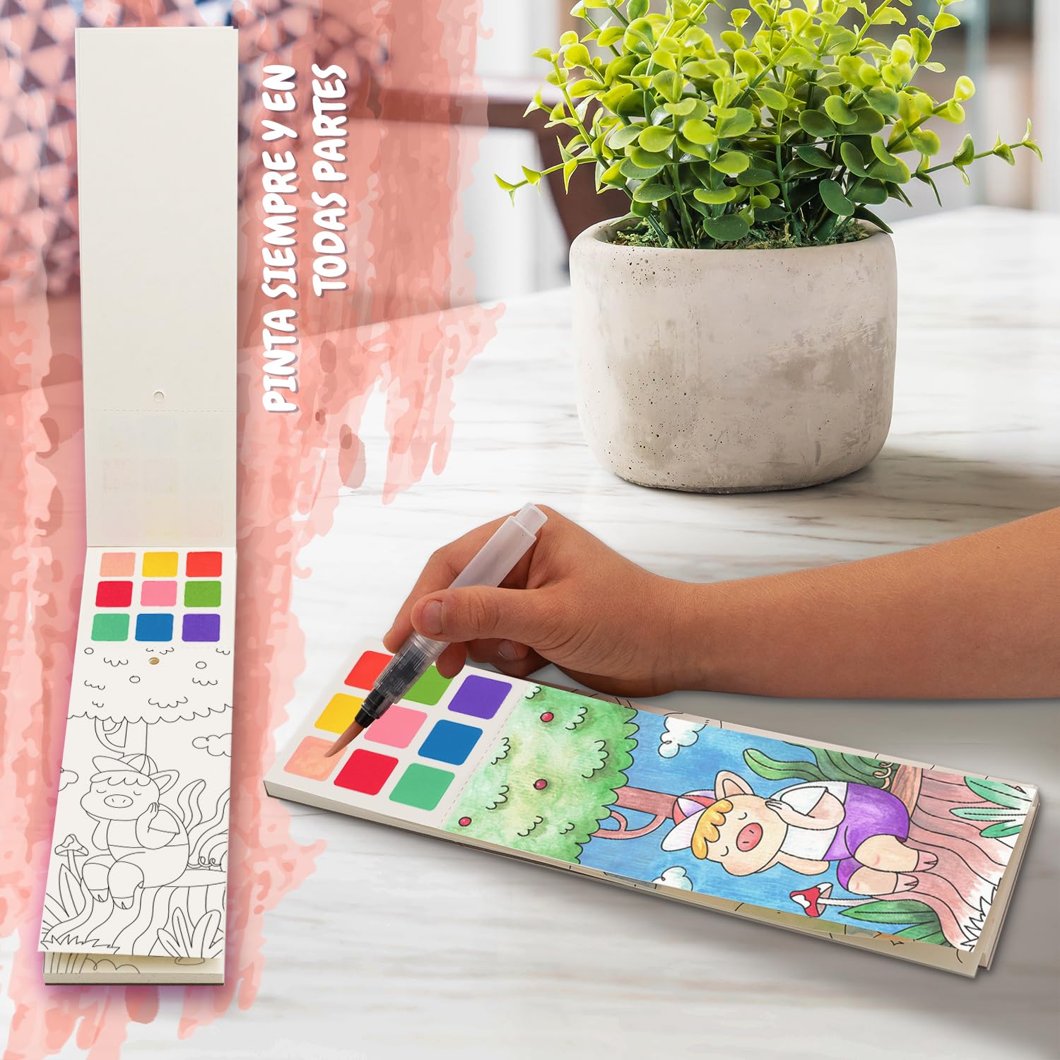Festicy Libro para colorear de acuarela con pincel de depósito de agua, edición 2025, 25 páginas, ideal para viajes y vacaciones