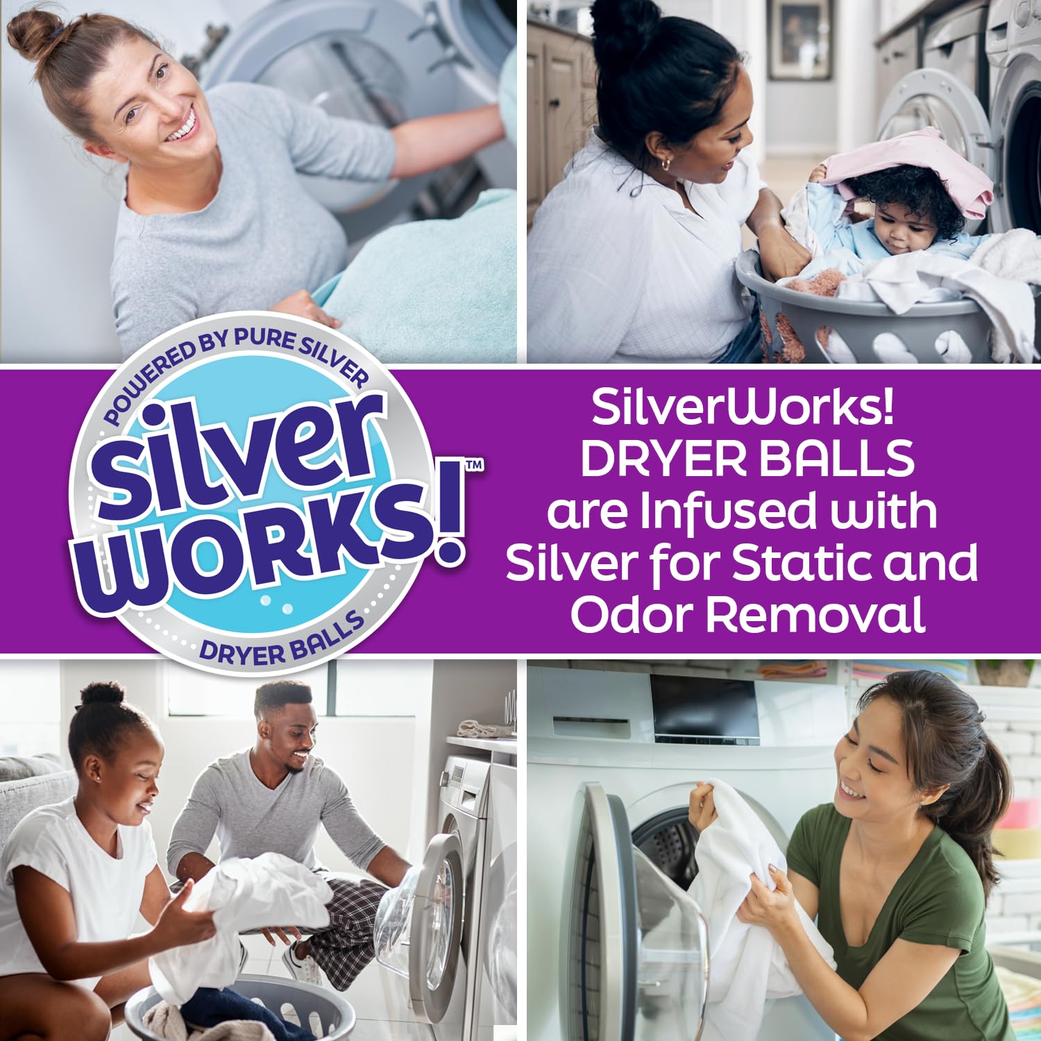 SilverWorks! Bolas de lana para secadora reutilizables para lavandería, eliminadoras de olores, bolas de lavandería con tecnología plateada, suavizante de tela natural y reductor estático, reduce el 3