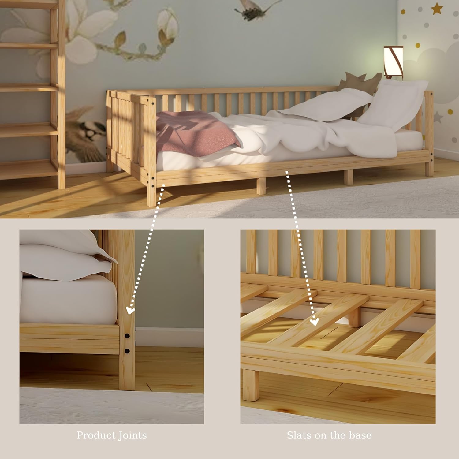 Montessori Floor Bed Designed with Open Front and Footed Model for Girls and Boys | Pine Wood Natural Solid Frame Bed with Slats | Sturdy Designed Floor Beds Frame for Kids (Twin, Height : 23 Inches)