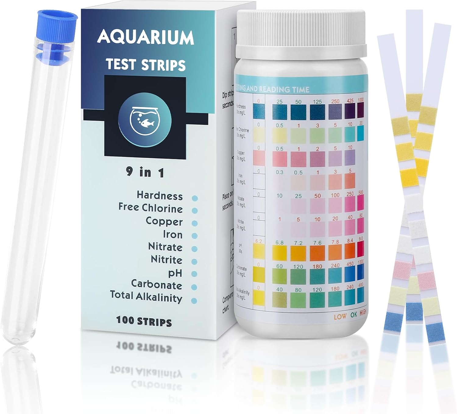 9-in-1 Aquarium Teststreifen 100 Streifen Whirlpool Pool Teich Wasser-Test-Kit f r die Pr fung PH H rte freies Chlor Kupfer Eisen Nitrat Nitrit Carbonat Alkalinit t