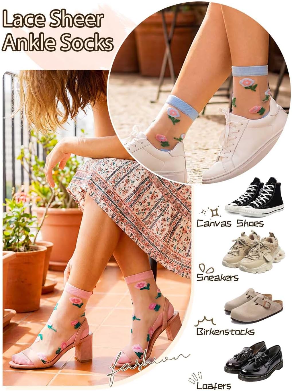 Campsis Sheer Socks With Design Black Sheer Ankle Socks Floral Nylon Sock for Women(5 Pairs)