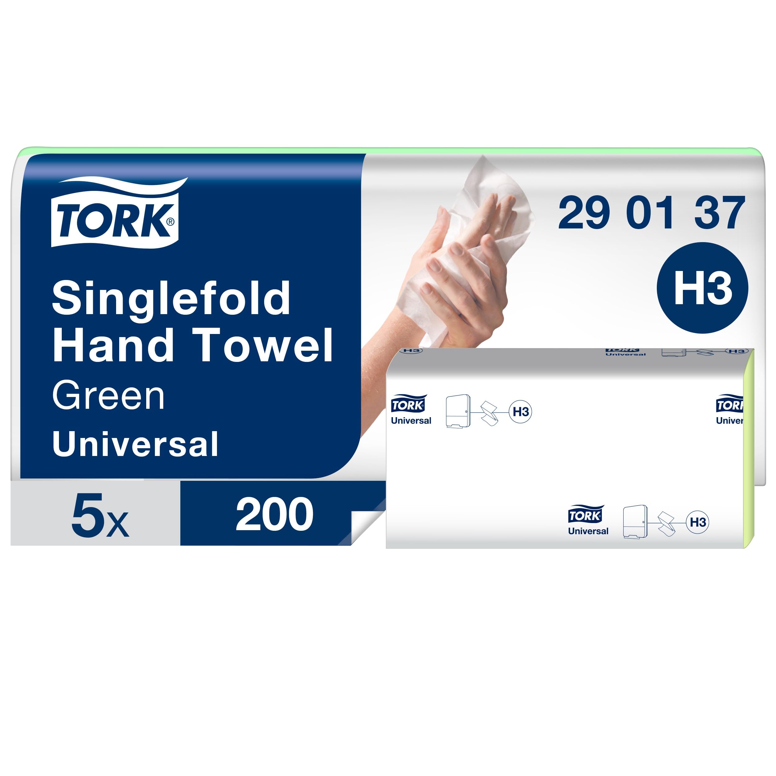 Tork Singlefold Hand Towels Green H3, Universal, Economical, 5 x 200 Sheets, 290137