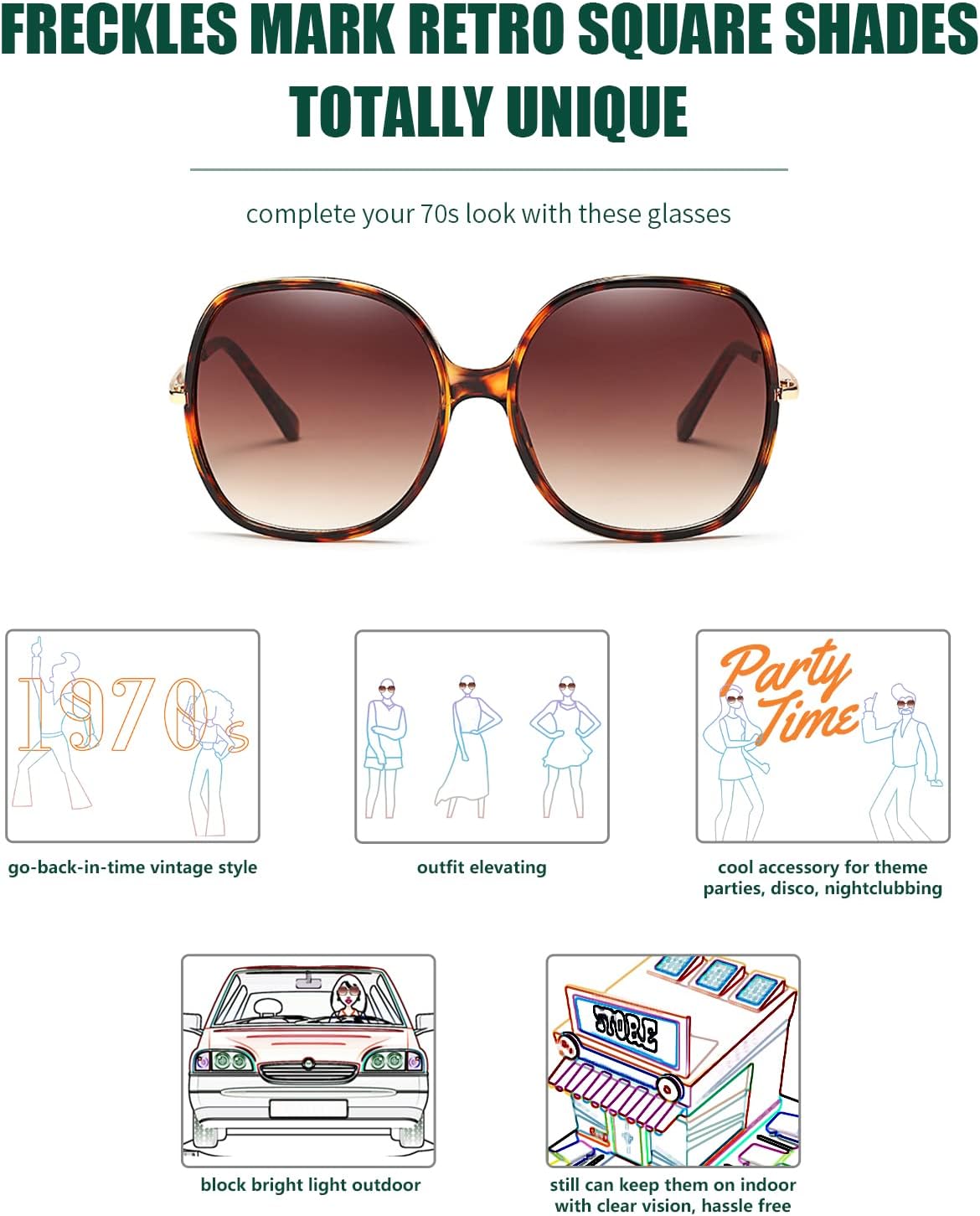 Freckles Mark 70s Super Oversize Square Sunglasses for Women Vintage Rectangular Plastic Frame - Image 6