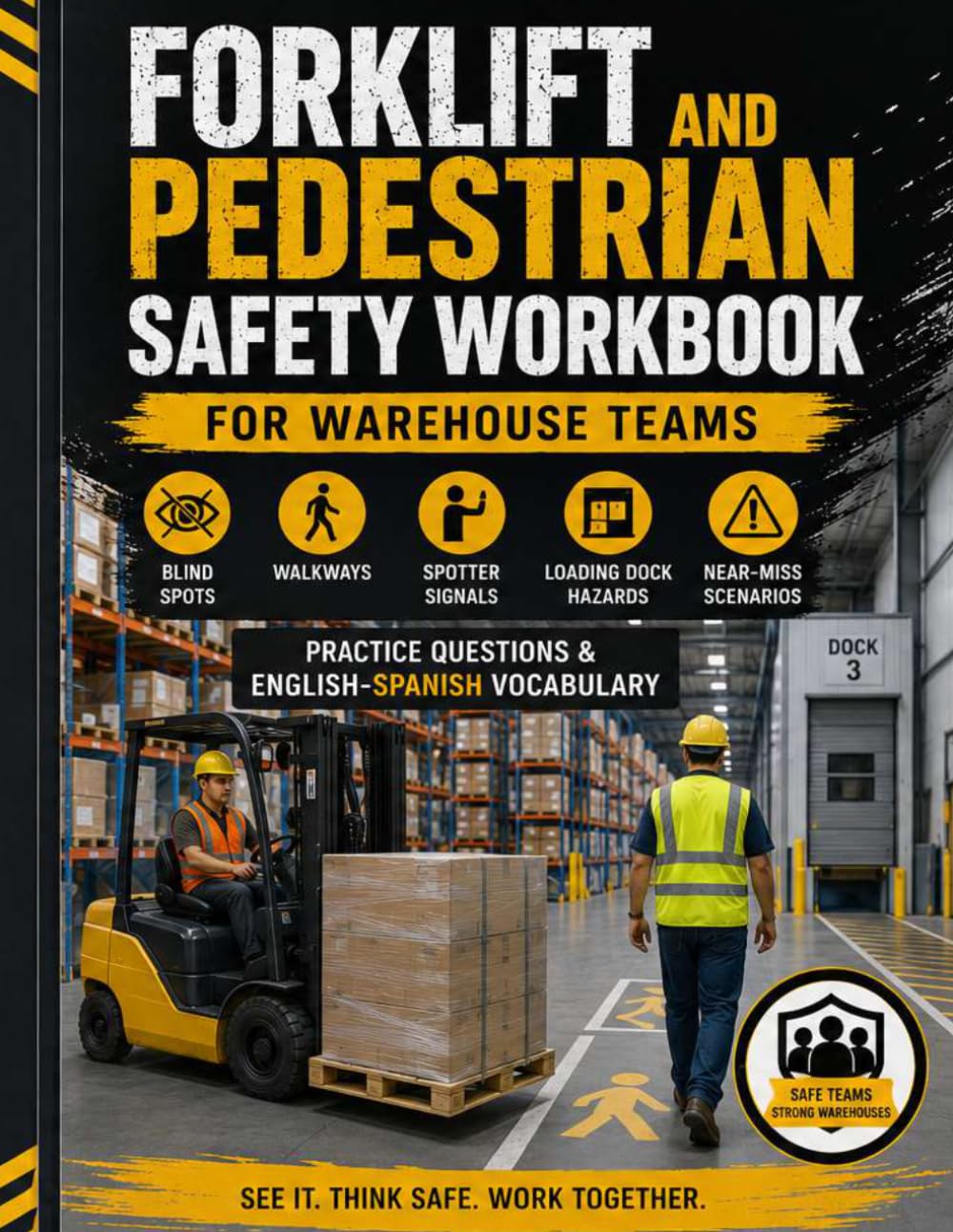 Forklift and Pedestrian Safety Workbook for Warehouse Teams: Blind Spots, Walkways, Spotter Signals, Loading Dock Hazards, Near-Miss Scenarios, Practice Questions, and English-Spanish Vocabulary