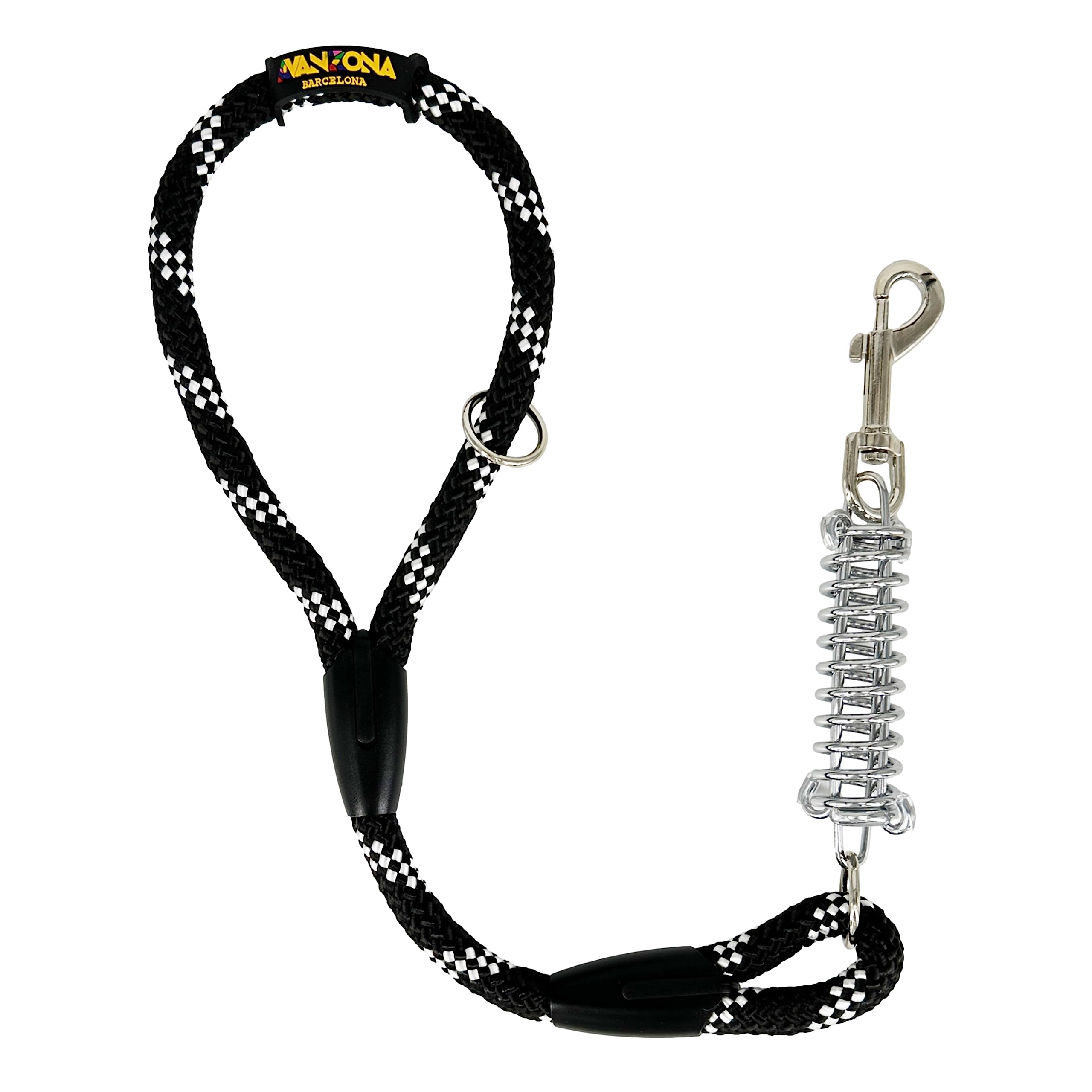Correa para Perros, Amortiguador, Antitirones, para Perros medianos y Grandes, Fabricada en España. 60cm. Negro con Blanco