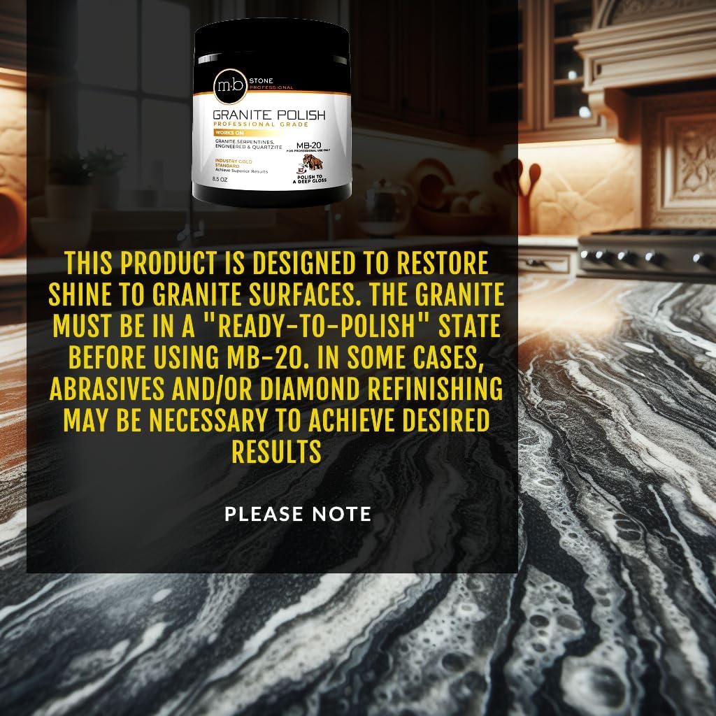 MB Stone Care MB-22 Marble Polish and Countertop Polishing Kit - Cleaner and Polish Powder for Calcite based stones Marble, Limestone, Travertine and Terrazzo - Countertop Restorer with Drill Pad