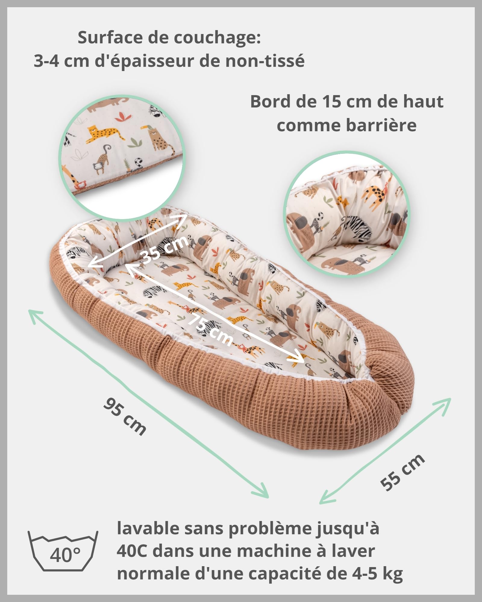 Réducteur lit bébé ULLENBOOM Sable Savane - 95x55 cm - Nid d’ange bébé Öko-Tex et fabriqué dans l'UE - motif baleines bleues – en coton douillet, convient comme lit de voyage ou cale bébé