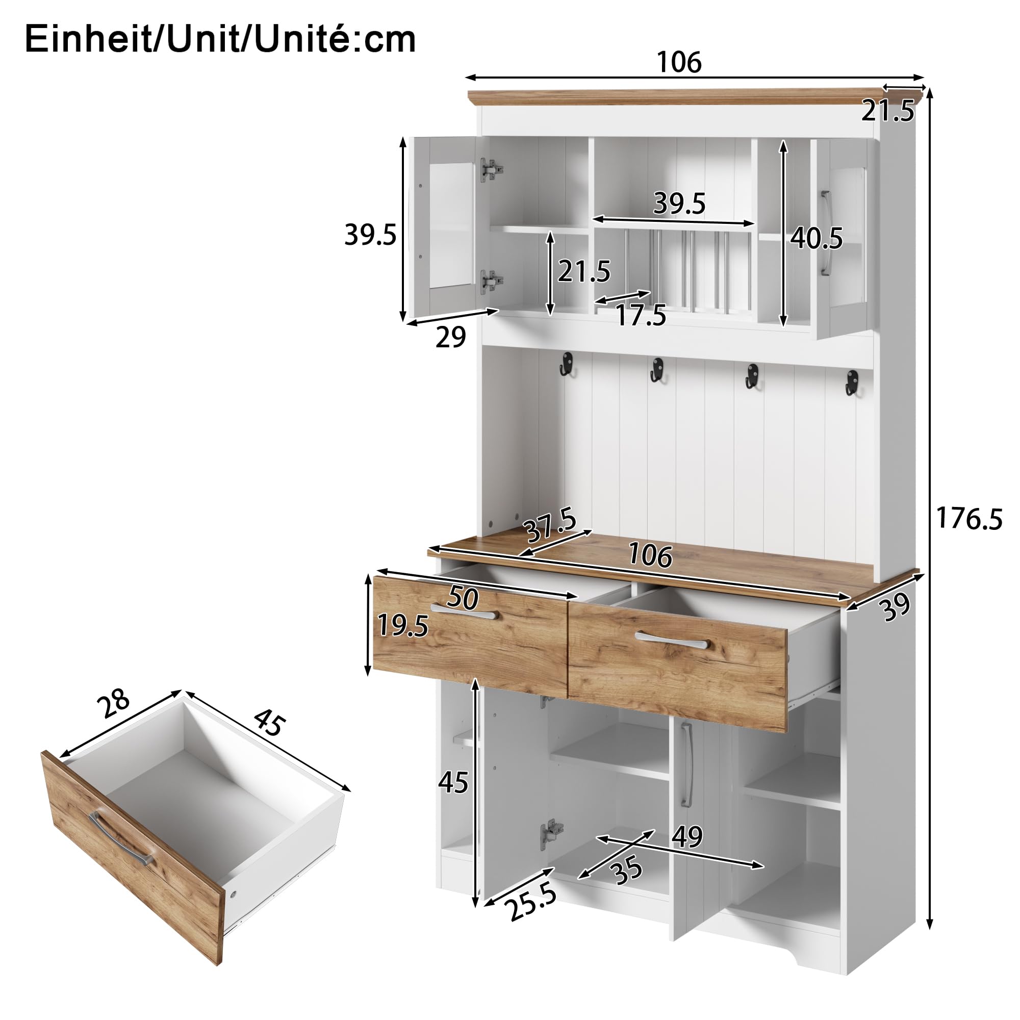 TIZZ Credenza da cucina con vetrine, 2 cassetti, ante, barra appendiabiti, 106 x 39 x 176,5 cm, moderno, per cucina, sala da pranzo, corridoio, naturale, bianco