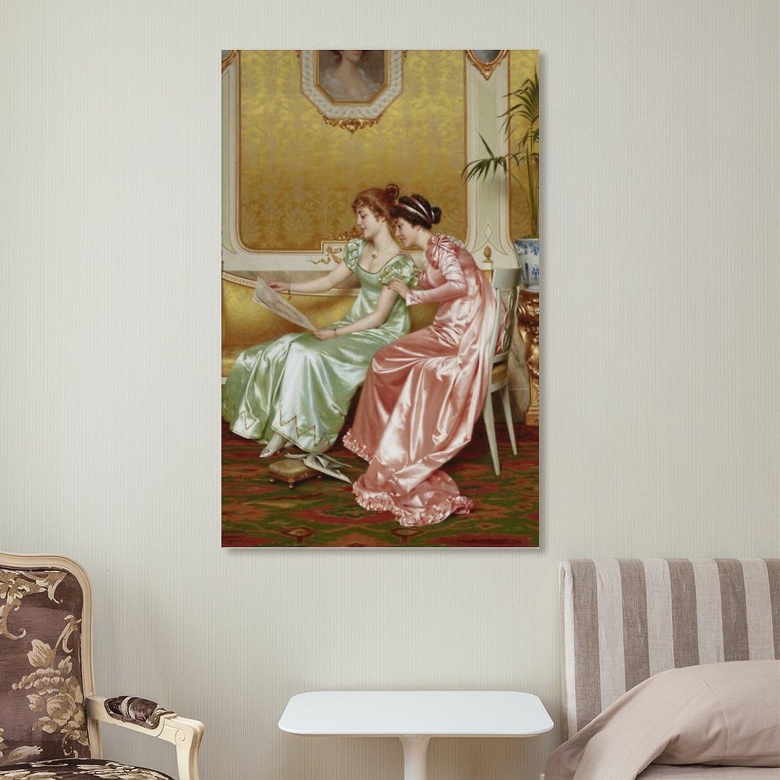 Vittorio Reggianini - Dos elegantes damas jóvenes en un interior examinando una revista, póster de lienzo, póster de pared, impresión artística para el hogar, decoración moderna, 60 x 90 cm