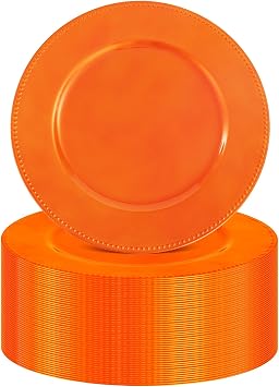 50 Pack Orange Charger Plates Bulk, 13 Inch Round Plastic | Beaded-Rim Charger Plates, Reusable Plastic, Sits Under Dinner Plates and Bowls, For Weddings, Banquets and Parties